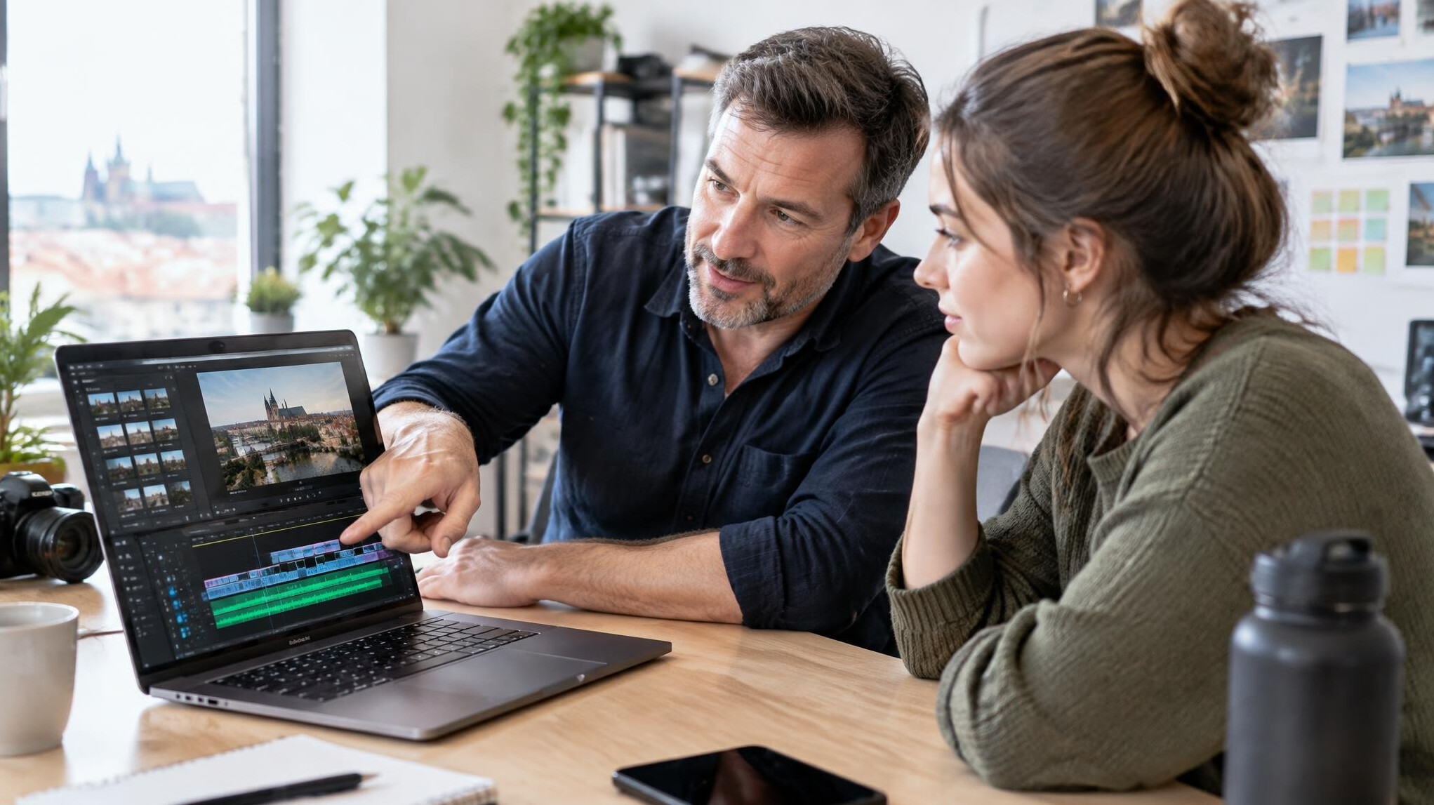 Mentor reviewing a creator's video content together on a laptop