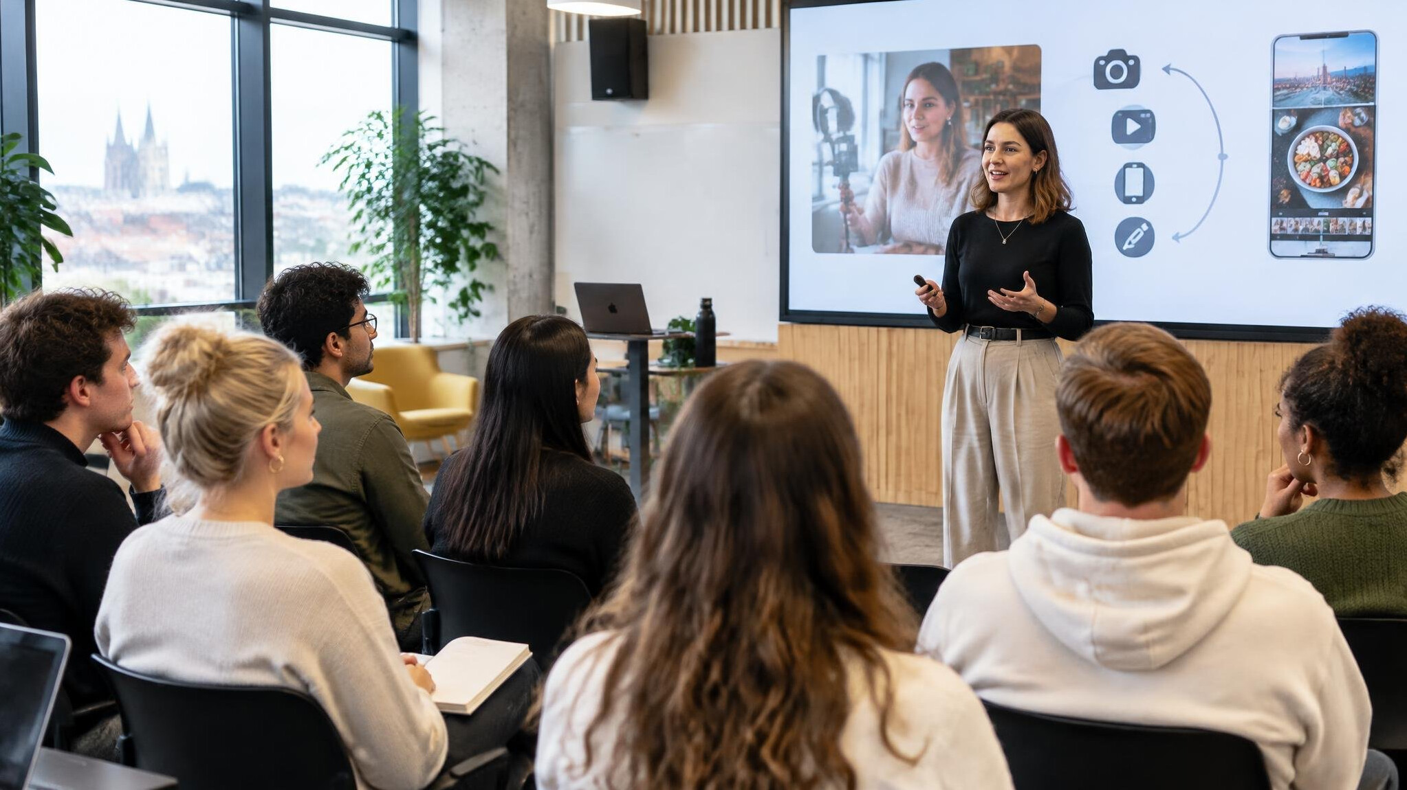 Group workshop with a presenter teaching content creation techniques to an audience