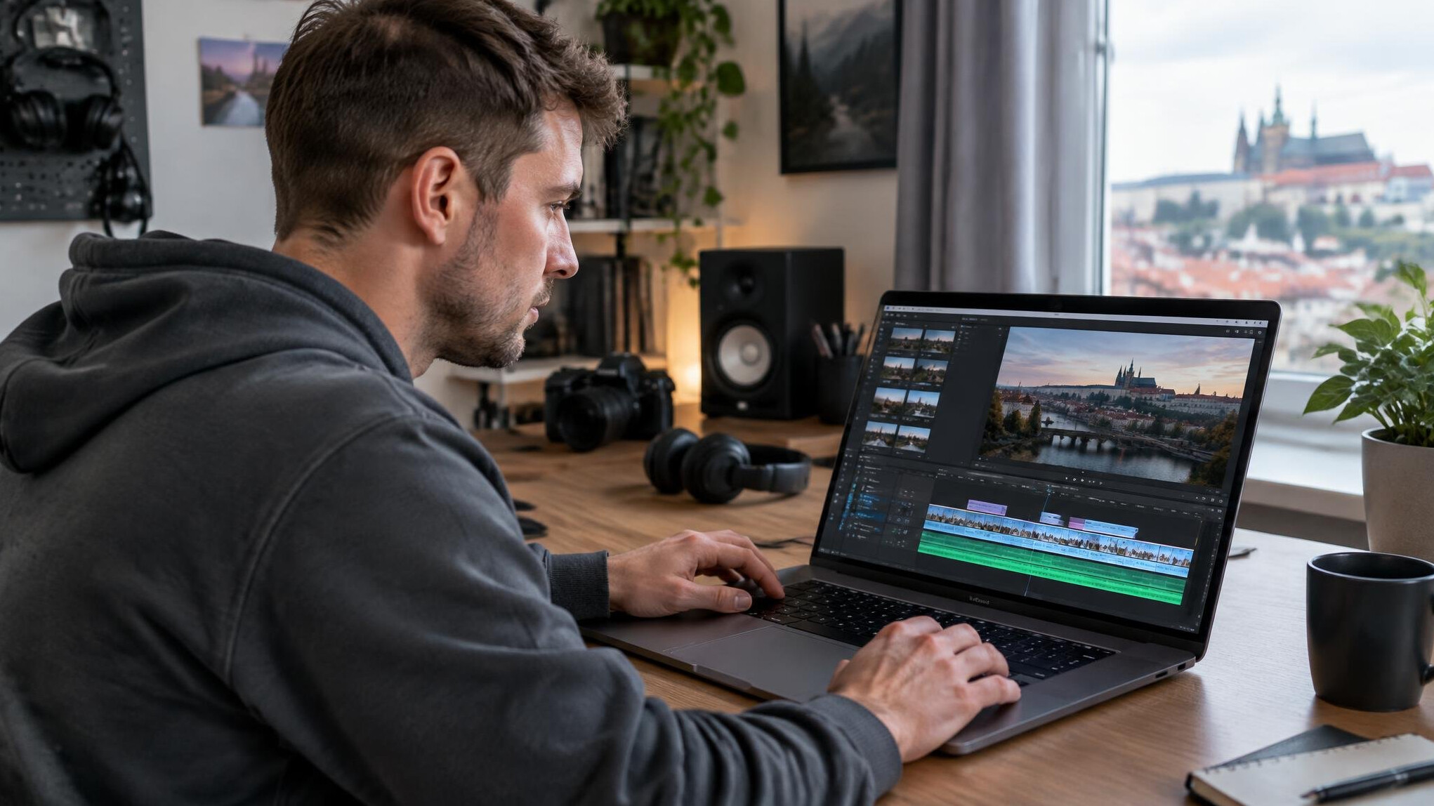 Young man editing video footage on a laptop with color grading timeline