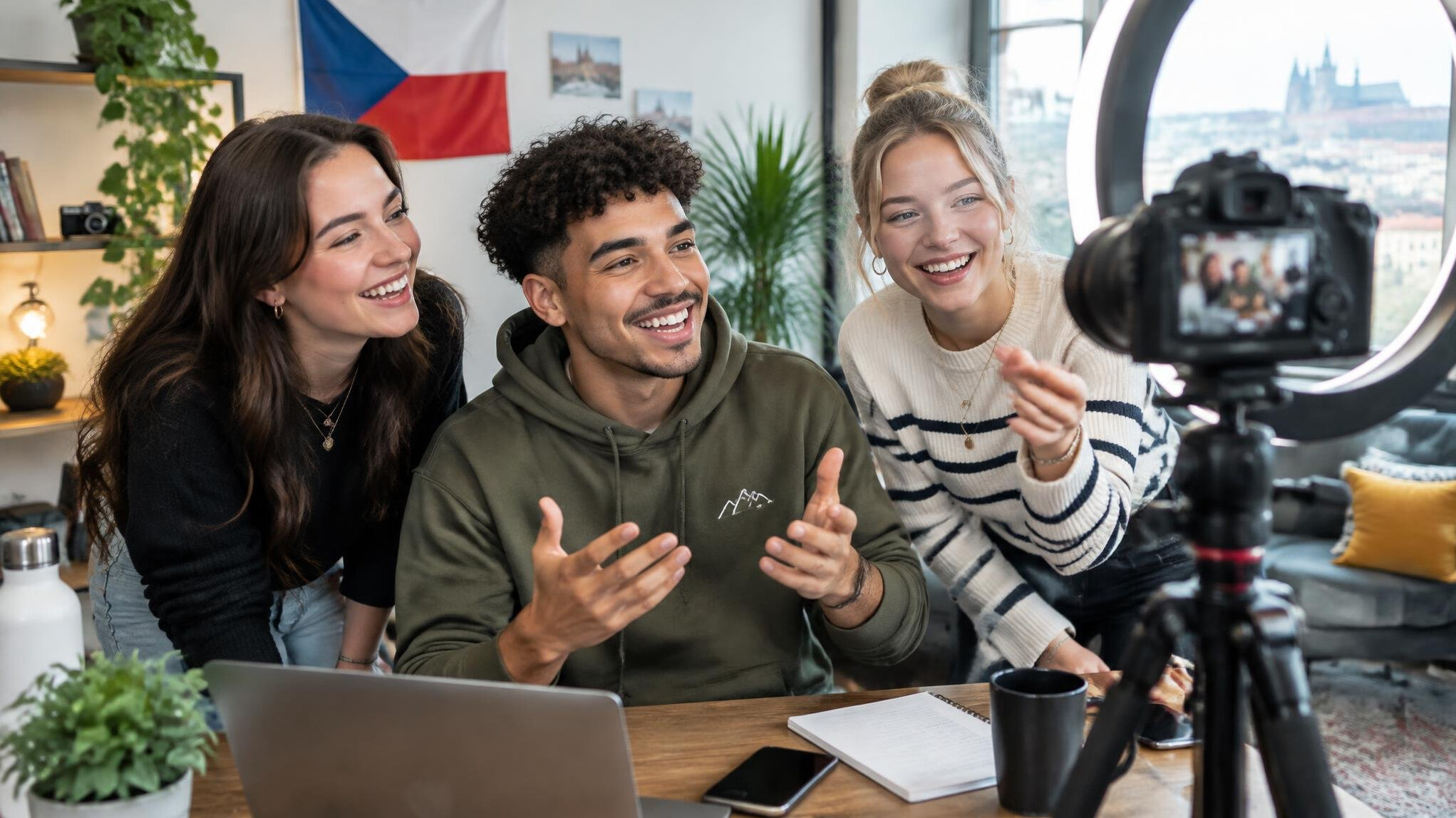 Diverse group of young content creators filming a video together in a bright studio